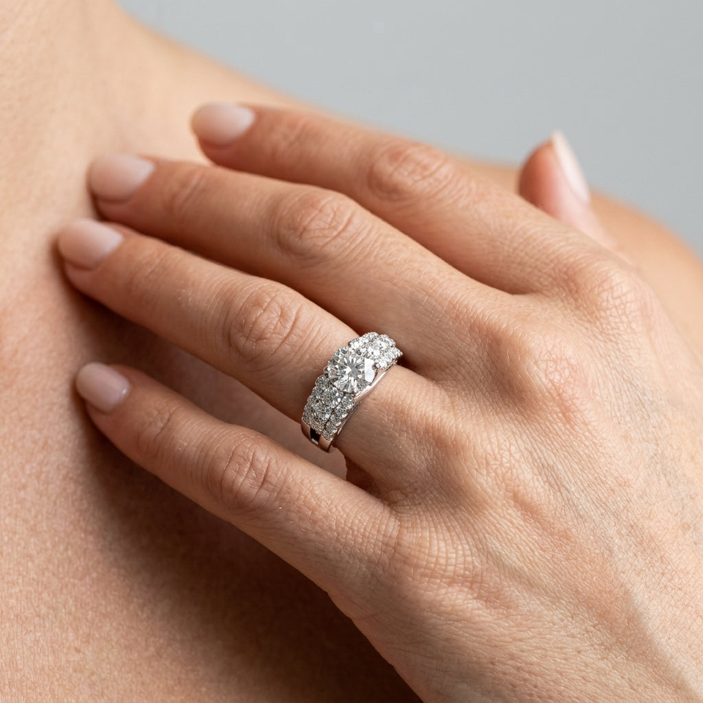 Multirow Pavé Engagement Rings - worn lifestyle photo