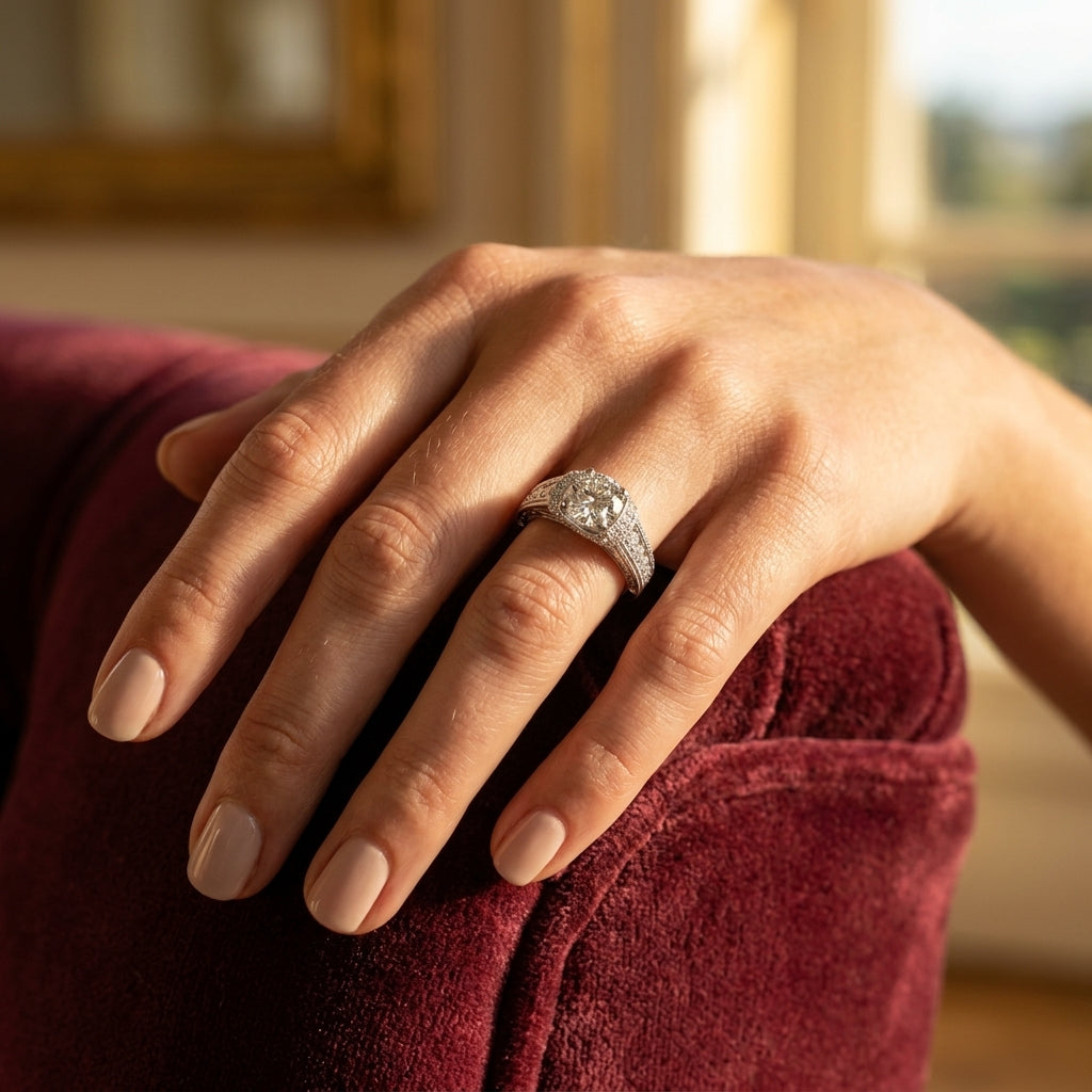 Antique Style Filigree Milgrain Engagement Rings - worn lifestyle photo