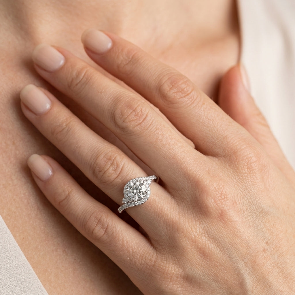 Bypass Halo Engagement Rings - worn lifestyle photo