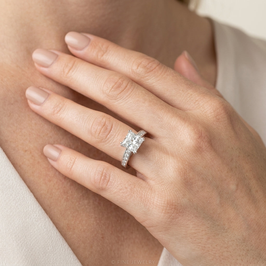 Channel Set Double Prong Engagement Ring - worn lifestyle photo