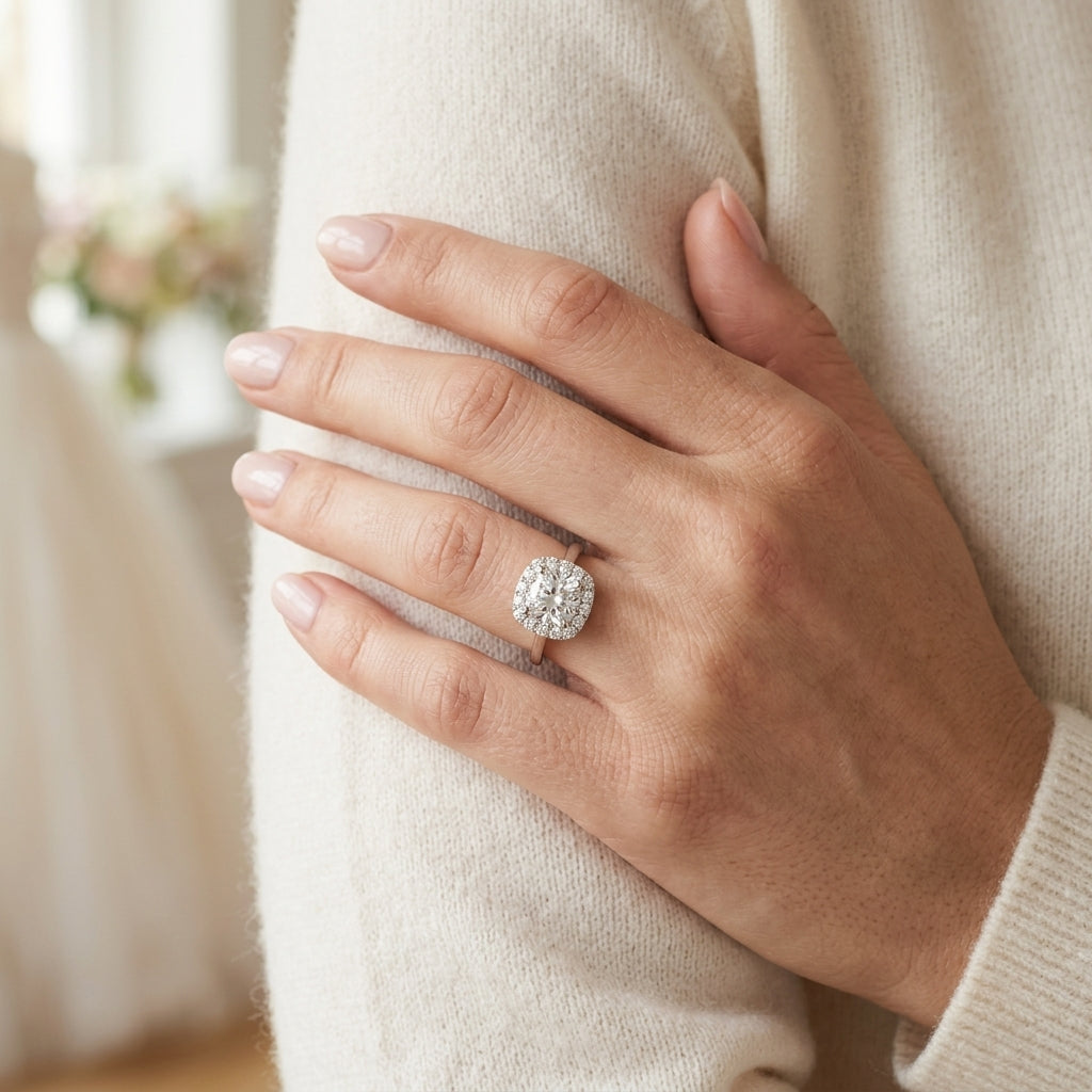 Solitaire Halo Cushion Shape Engagement Ring - worn lifestyle photo