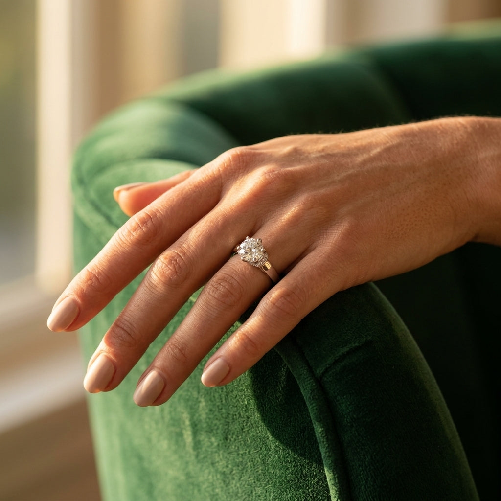 Solitaire Hidden Halo Engagement Rings - worn lifestyle photo
