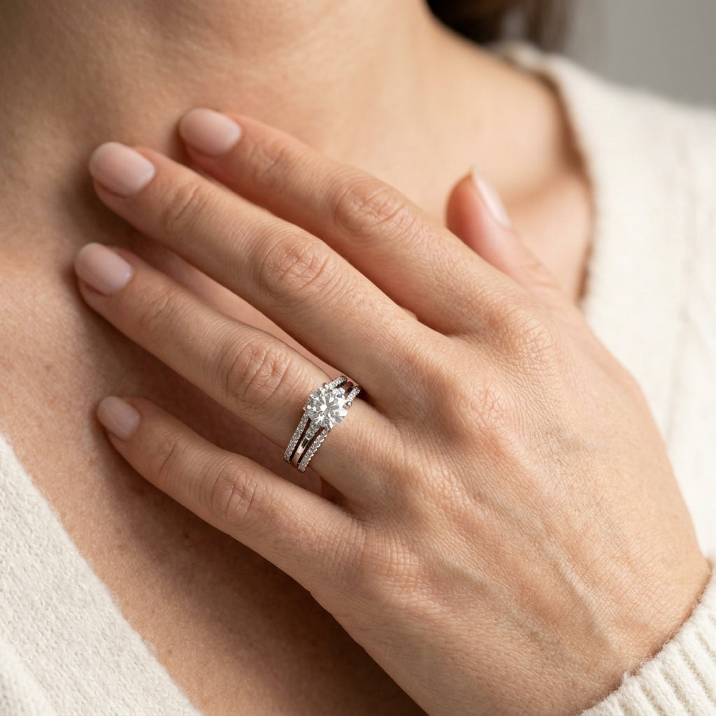 Multirow Hidden Halo Engagement Rings - worn lifestyle photo