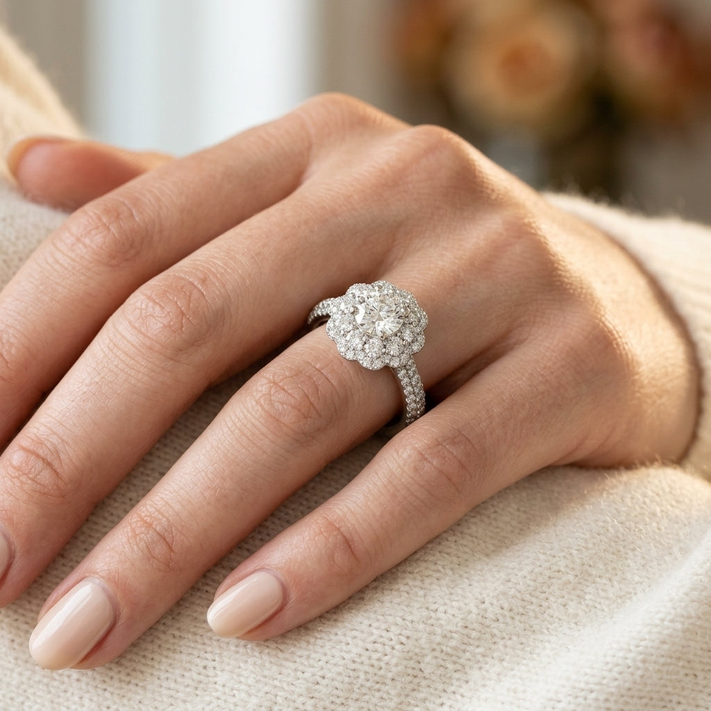 Double Halo Pavé Engagement Rings - worn lifestyle photo