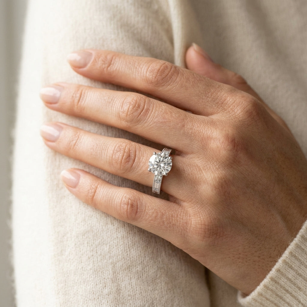 Alternating Round & Baguette Stackable Engagement Rings - worn lifestyle photo