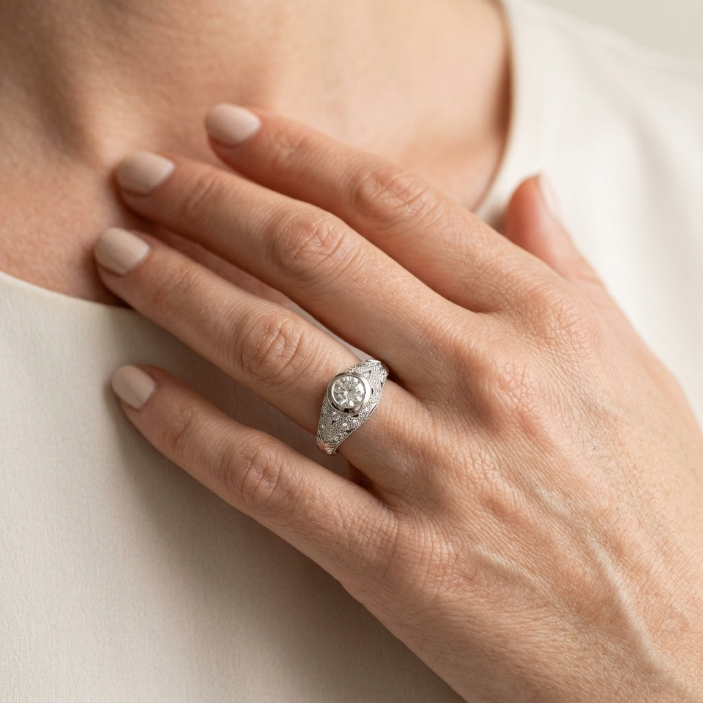 Antique Milgrain Bezel Set Engagement Rings - worn lifestyle photo