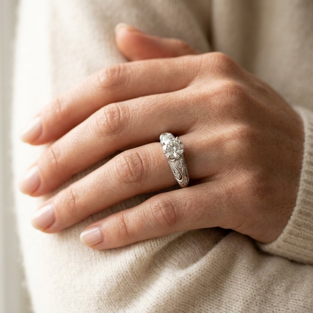 Antique Style Filigree Solitaire Engagement Rings - worn lifestyle photo