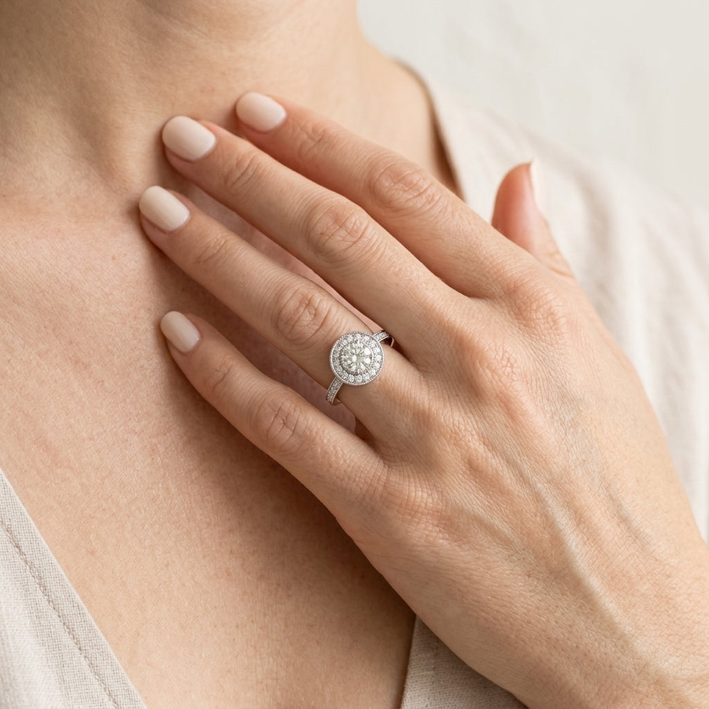 Vintage Style Milgrain Halo Engagement Rings - worn lifestyle photo
