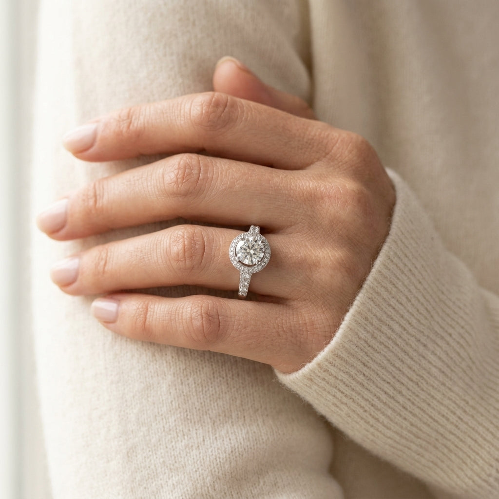 Single Row Halo Milgrain Engagement Rings - worn lifestyle photo