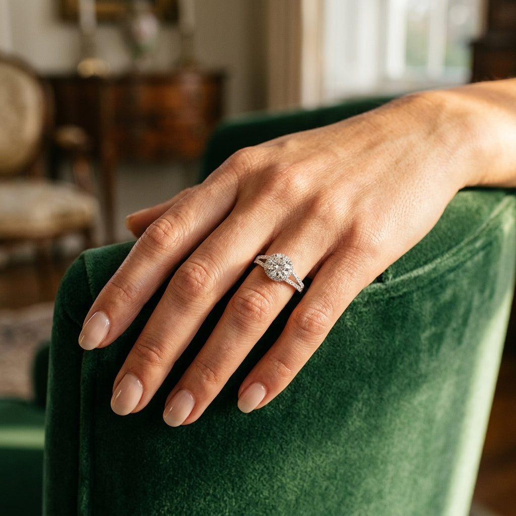 Multirow Split Shank Halo Engagement Rings - worn lifestyle photo