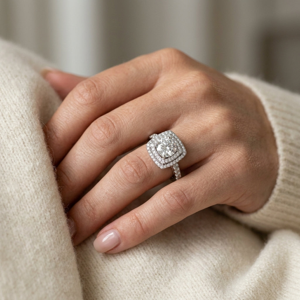 Single Row Double Halo U-Prong Engagement Rings - worn lifestyle photo