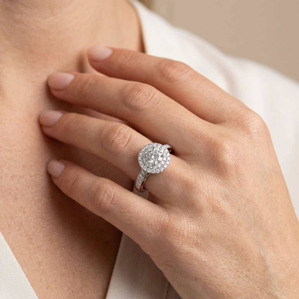 Single Row Double Halo Filigree Engagement Rings - worn lifestyle photo