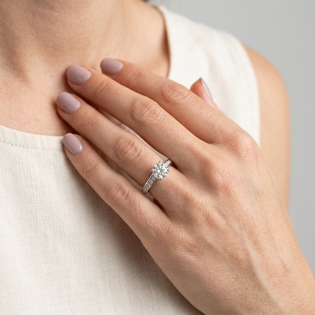 Prong In Channel Cathedral Engagement Rings - worn lifestyle photo