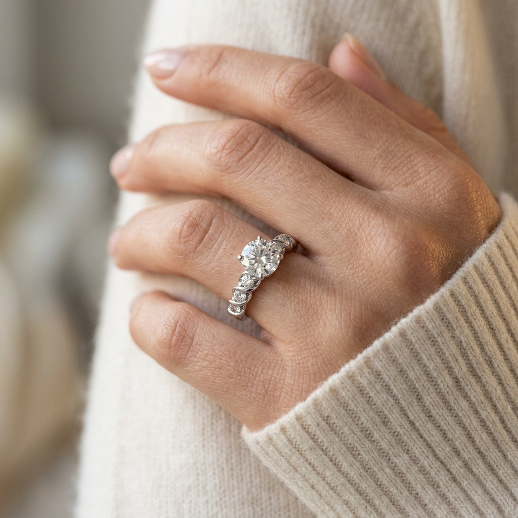 Single Row Peg Head Engagement Ring - worn lifestyle photo