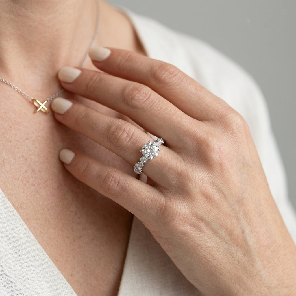 Vintage Multirow Milgrain Engagement Ring - worn lifestyle photo