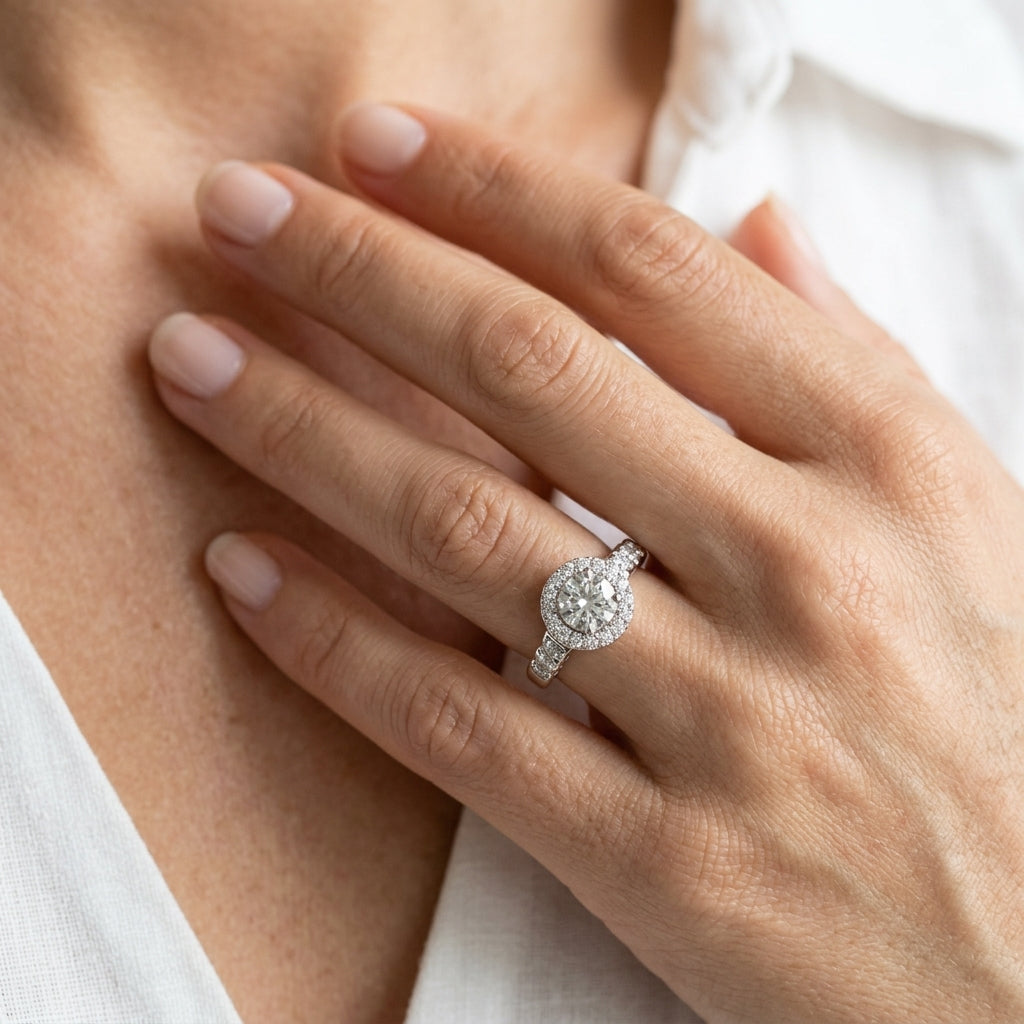 ENGAGEMENT RINGS HALO ROUND - worn lifestyle photo