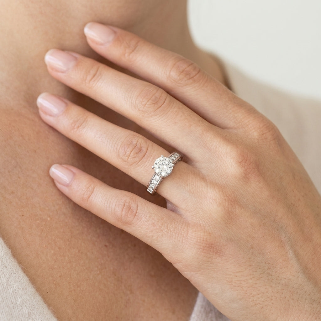 Single Row Channel Set Hidden Halo Engagement Ring - worn lifestyle photo