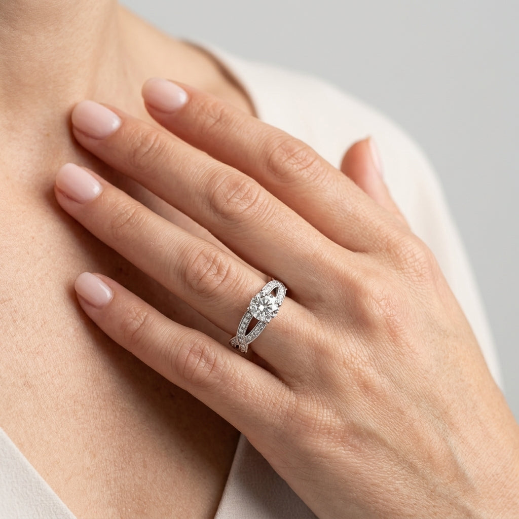 Multirow Split Shank Milgrain Engagement Ring - worn lifestyle photo
