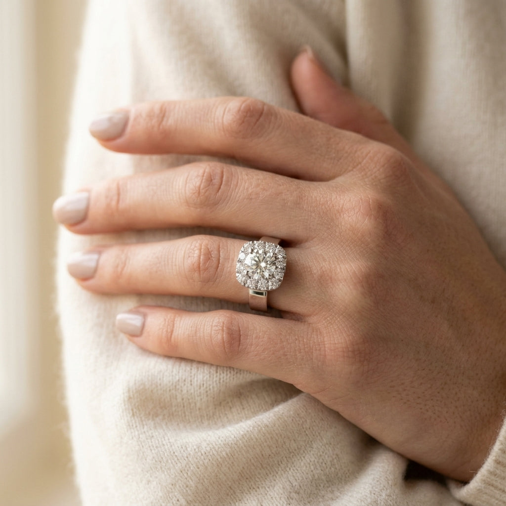 Round Halo Engagement Ring - worn lifestyle photo