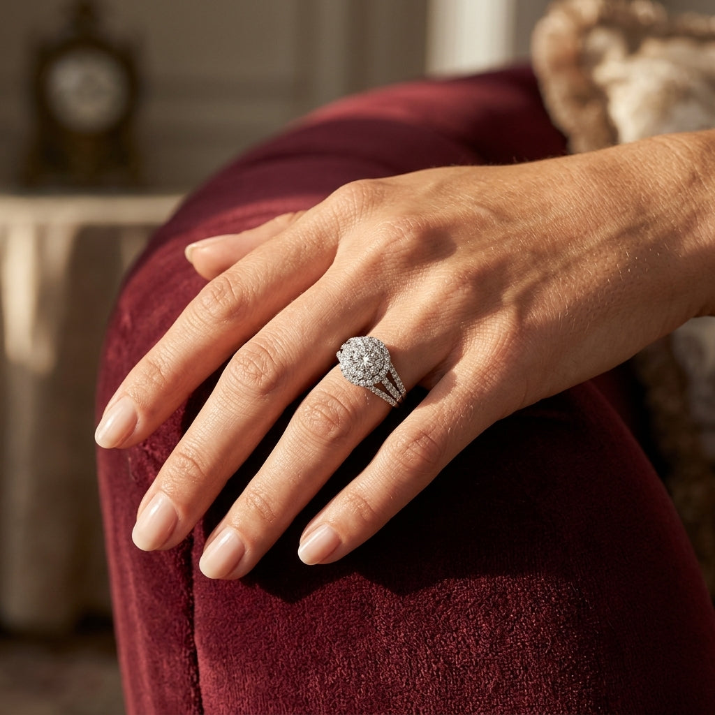 Vintage Multirow Double Halo Engagement Ring - worn lifestyle photo