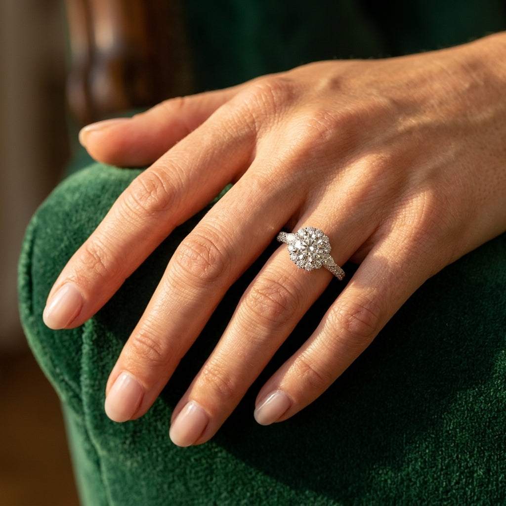 Multirow Pavé Halo Engagement Ring - worn lifestyle photo