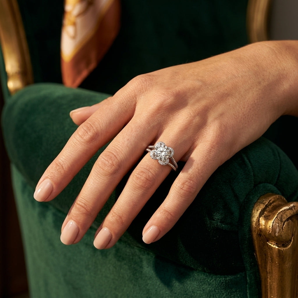 Round Halo Split Shank Engagement Ring - worn lifestyle photo
