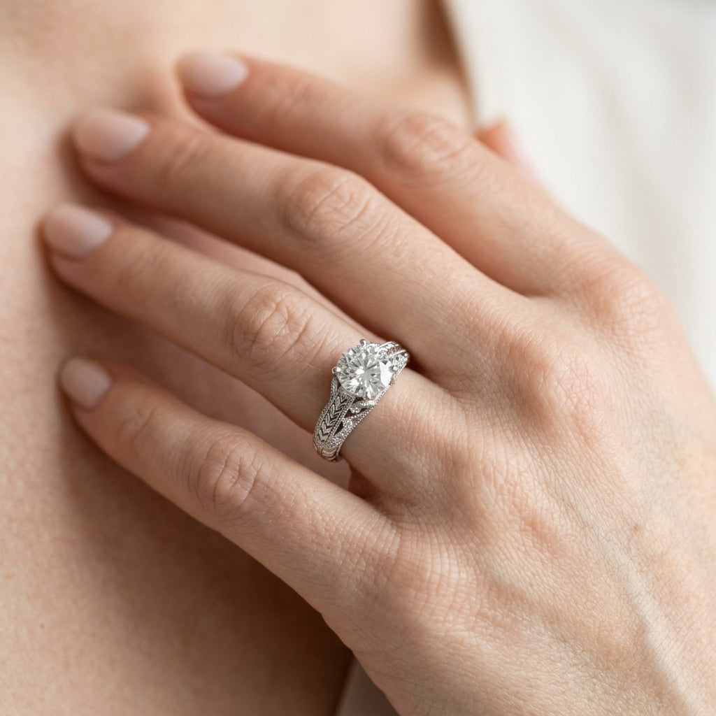 Vintage Filigree Milgrain Engagement Ring - worn lifestyle photo