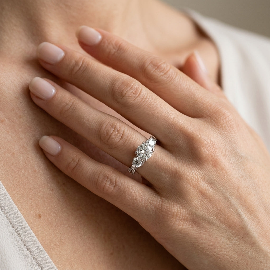 Vintage 3-Stone Pavé Hidden Halo Engagement Ring - worn lifestyle photo