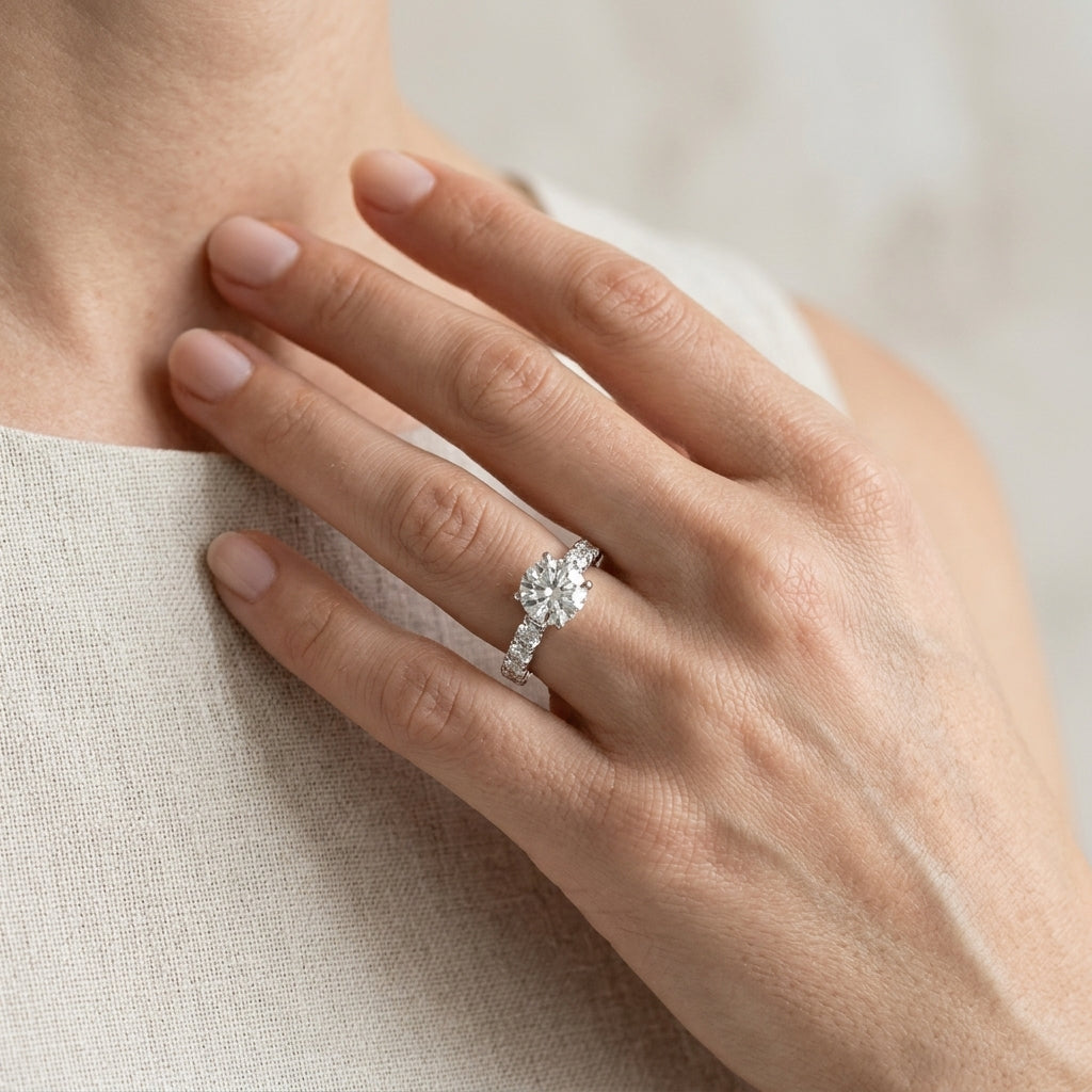 Single Row Cathedral Prong Set Engagement Ring - worn lifestyle photo