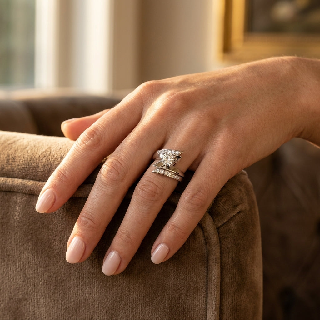 Scatter Sharp Swirl Engagement Ring - worn lifestyle photo