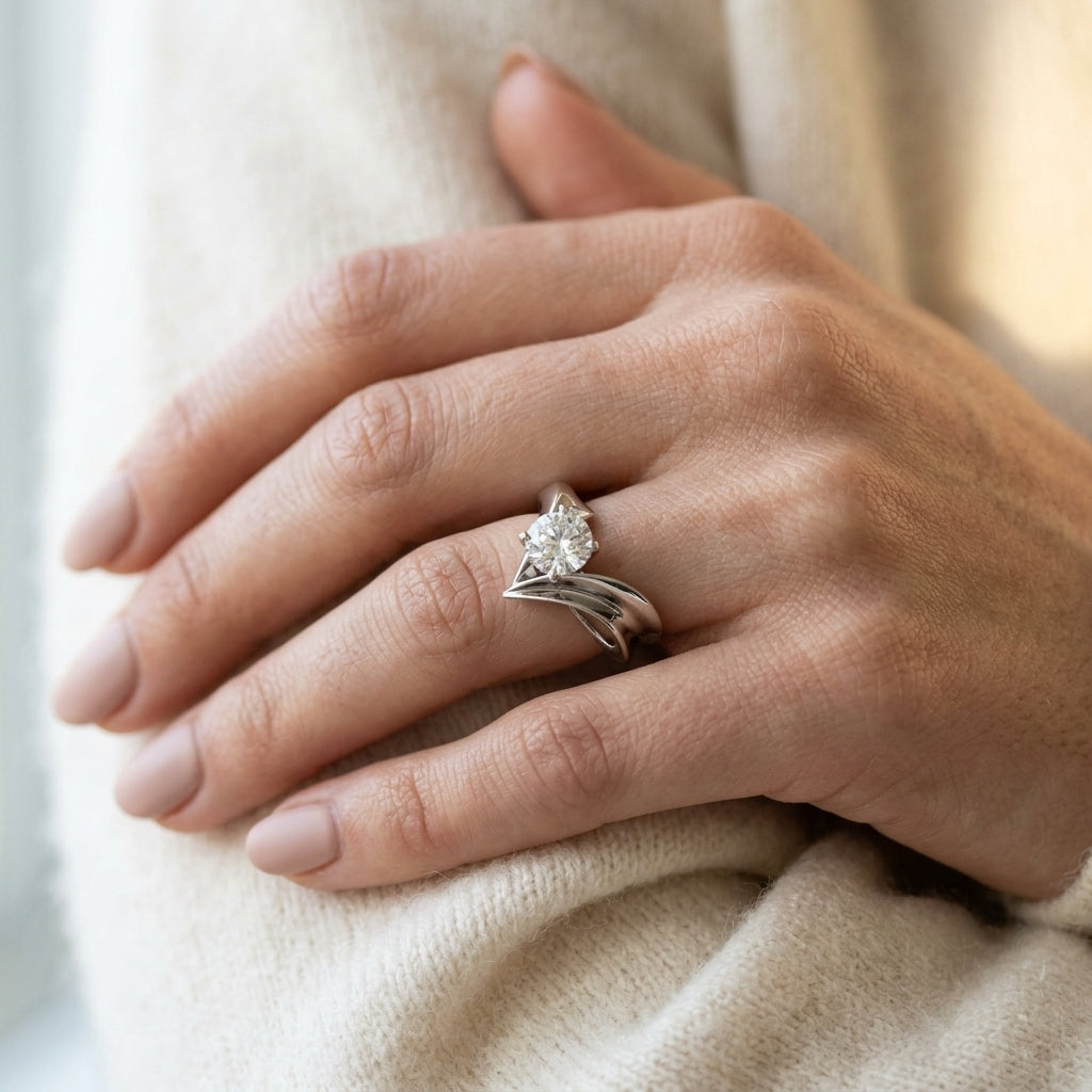 V-Shape Split Solitaire Engagement Ring - worn lifestyle photo