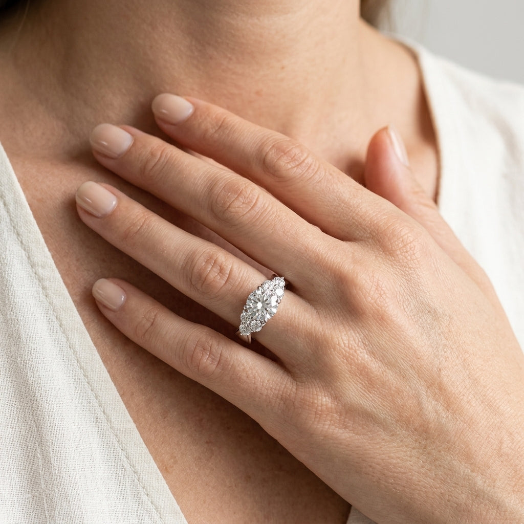 Cluster Side Round Engagement Ring - worn lifestyle photo