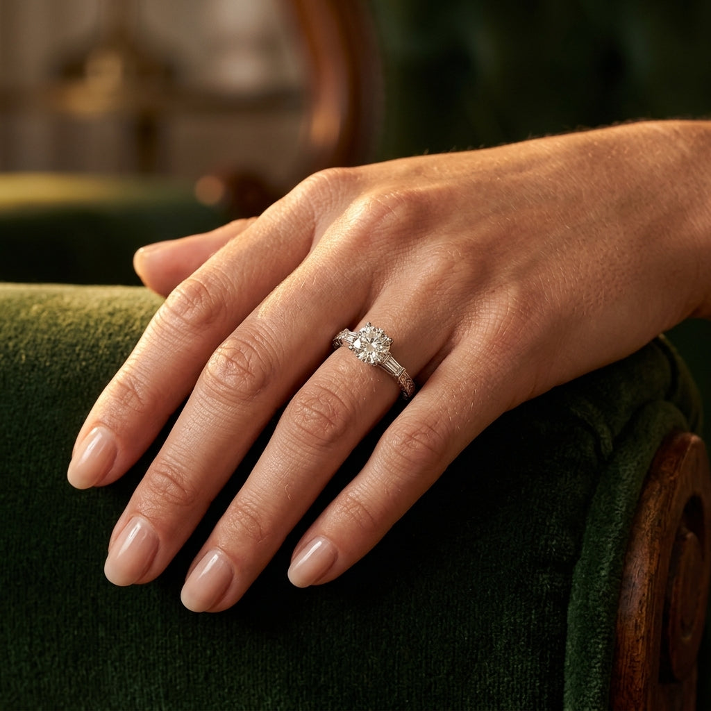 3-Stone Side Baguette Engagement Ring - worn lifestyle photo