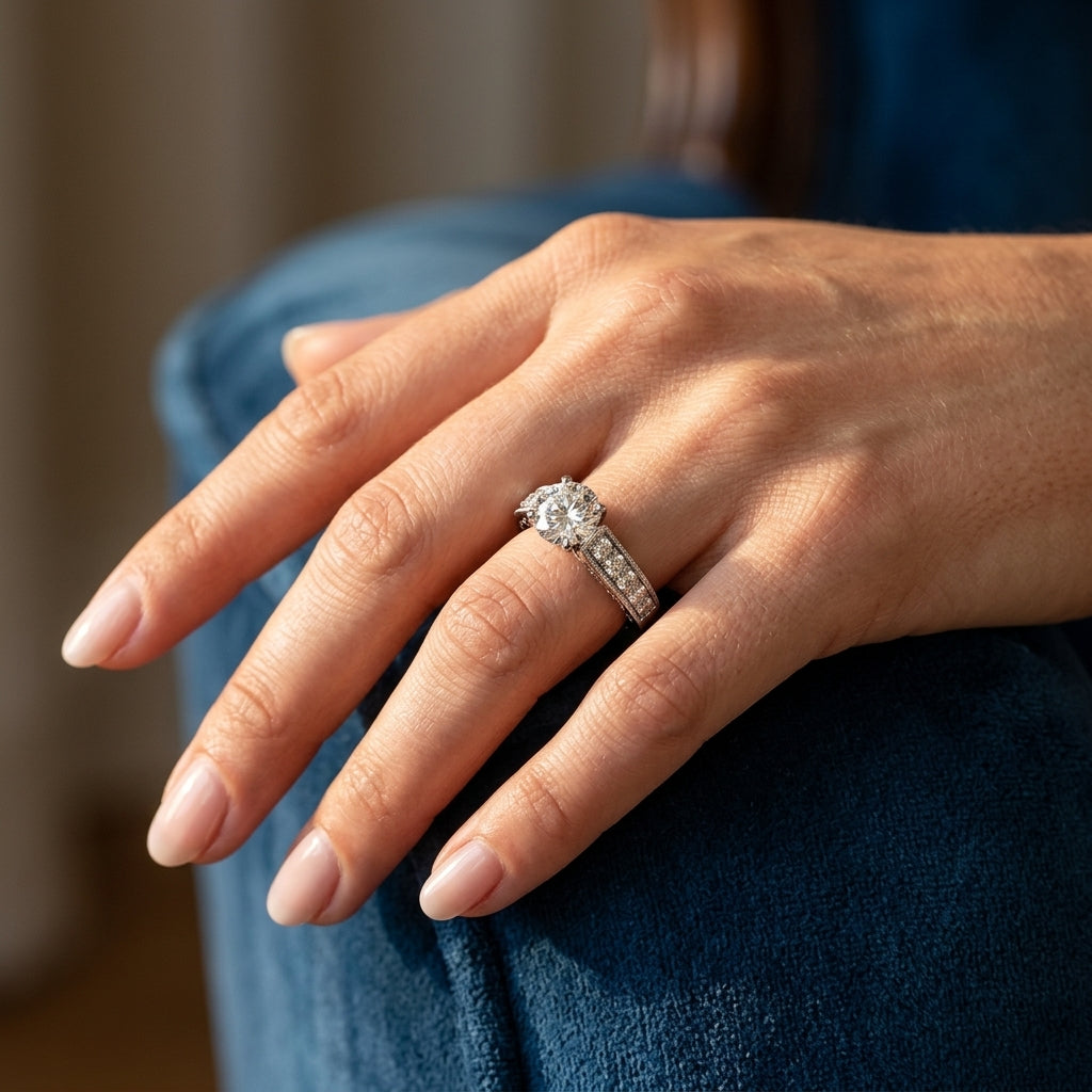 Antique Prong In Channel Migrain Filigree Engagement Ring - worn lifestyle photo