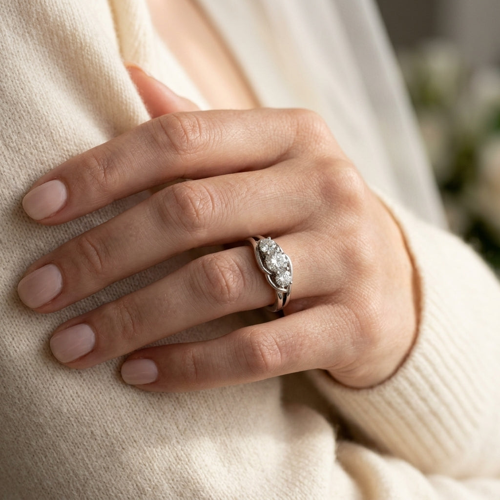 3-Stone Round Split Shank Engagement Ring - worn lifestyle photo