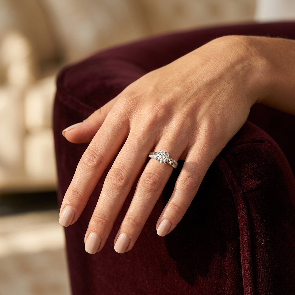 Bypass Prong Set Engagement Ring - worn lifestyle photo