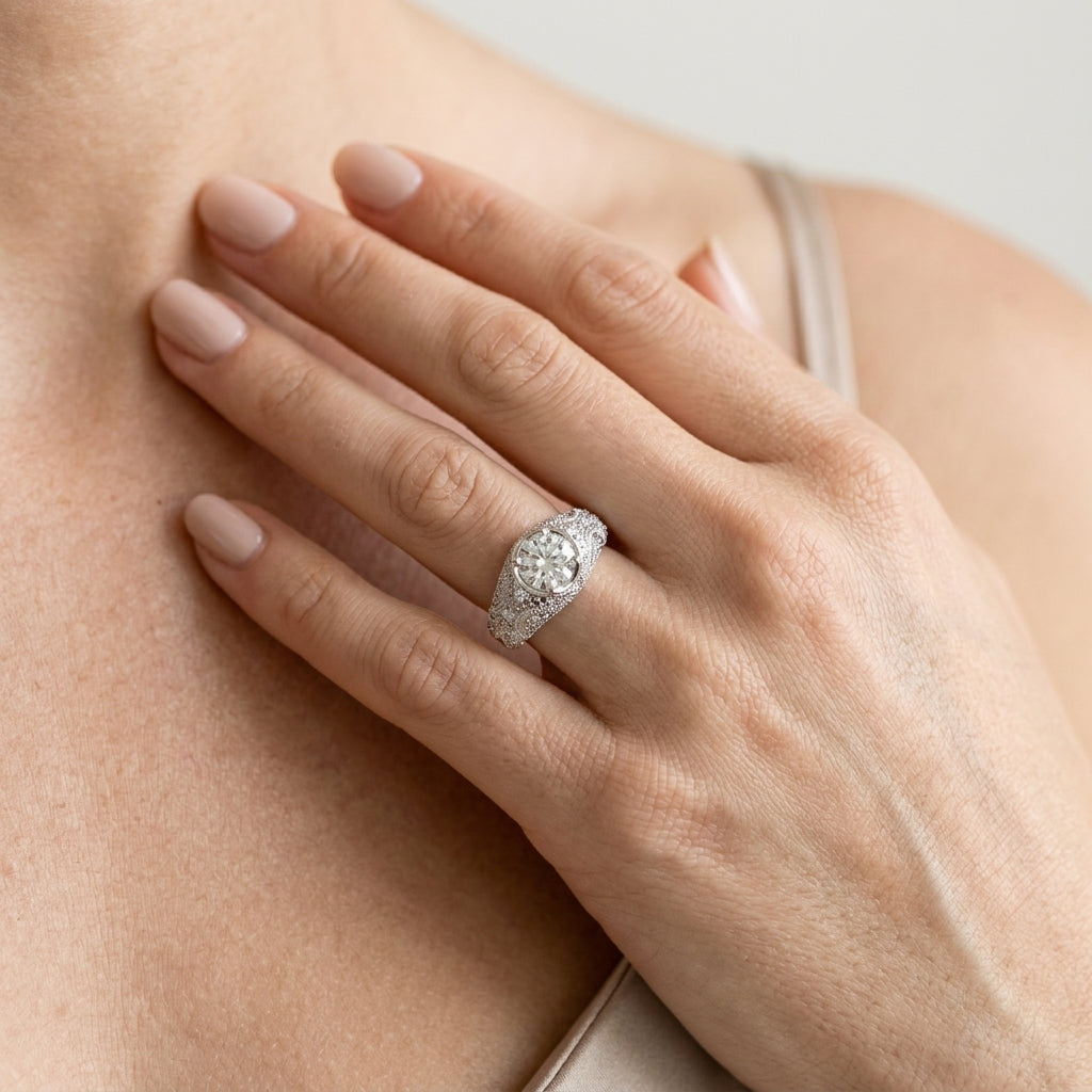 Antique Bezel Set Round Engagement Ring - worn lifestyle photo