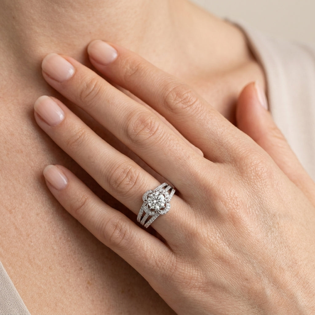 Multirow Floral Shape Engagement Ring - worn lifestyle photo