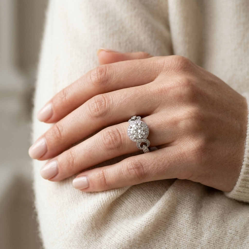 Twisted Shank Round Halo Milgrain Engagement Ring - worn lifestyle photo