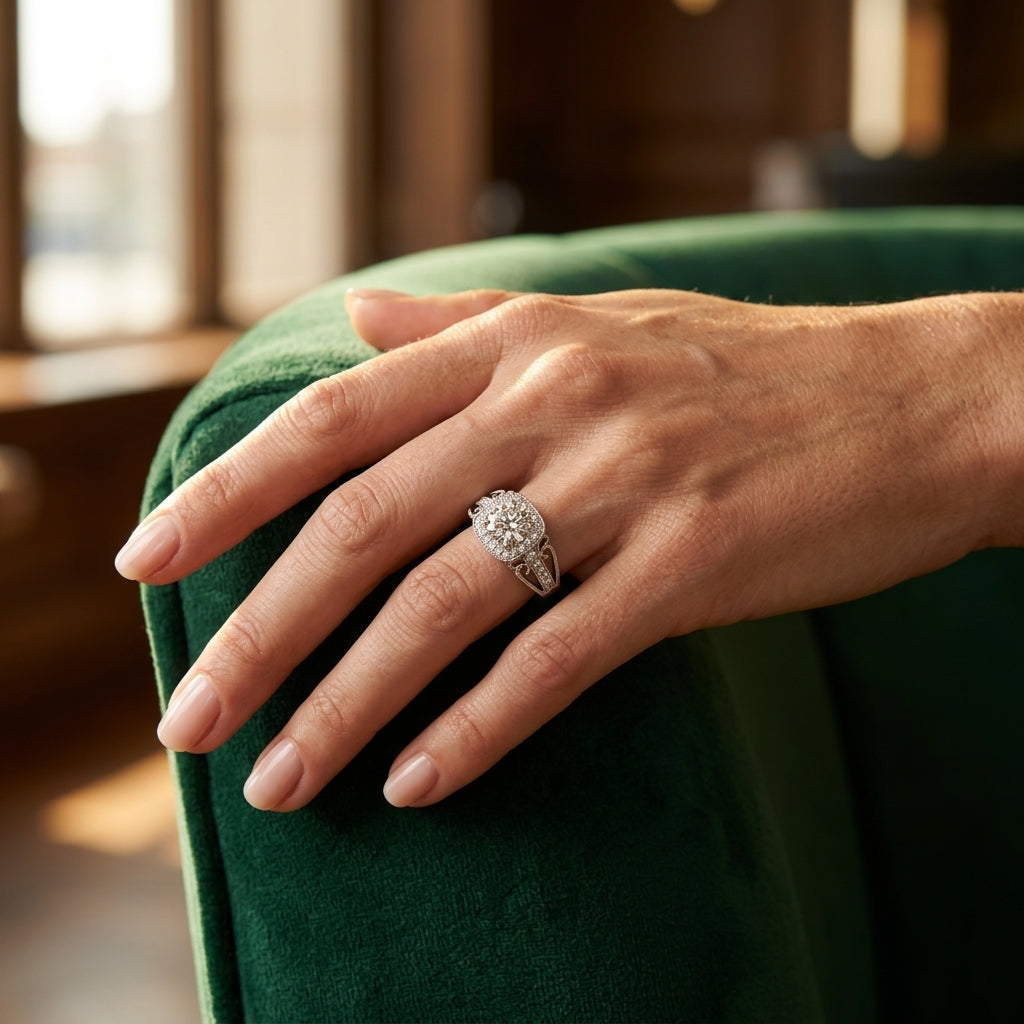 Vintage Single Row Halo Migrain Engagement Ring - worn lifestyle photo