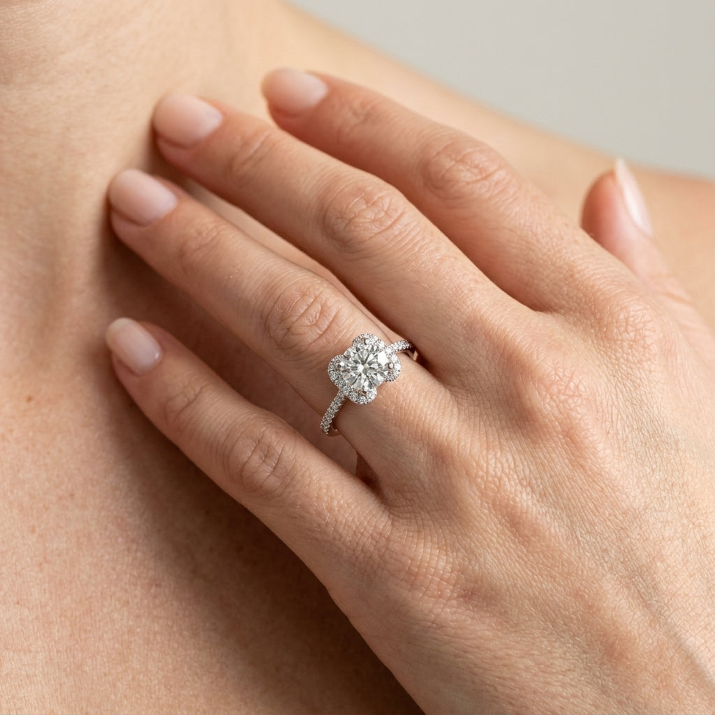 Single Row Halo Round Engagement Ring - worn lifestyle photo