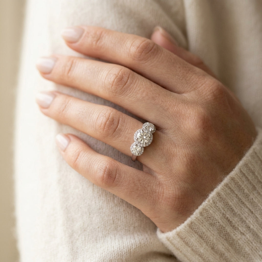 3-Stone Round Halo Engagement Ring - worn lifestyle photo