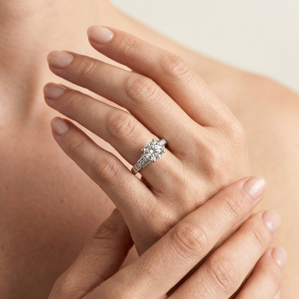 Single Row Prong In Channel Engagement Rings - worn lifestyle photo