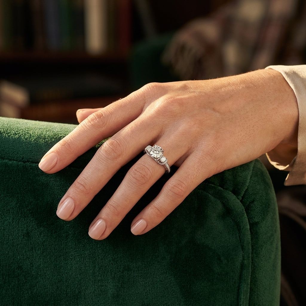 3-Stone Milgrain Round Engagement Ring - worn lifestyle photo
