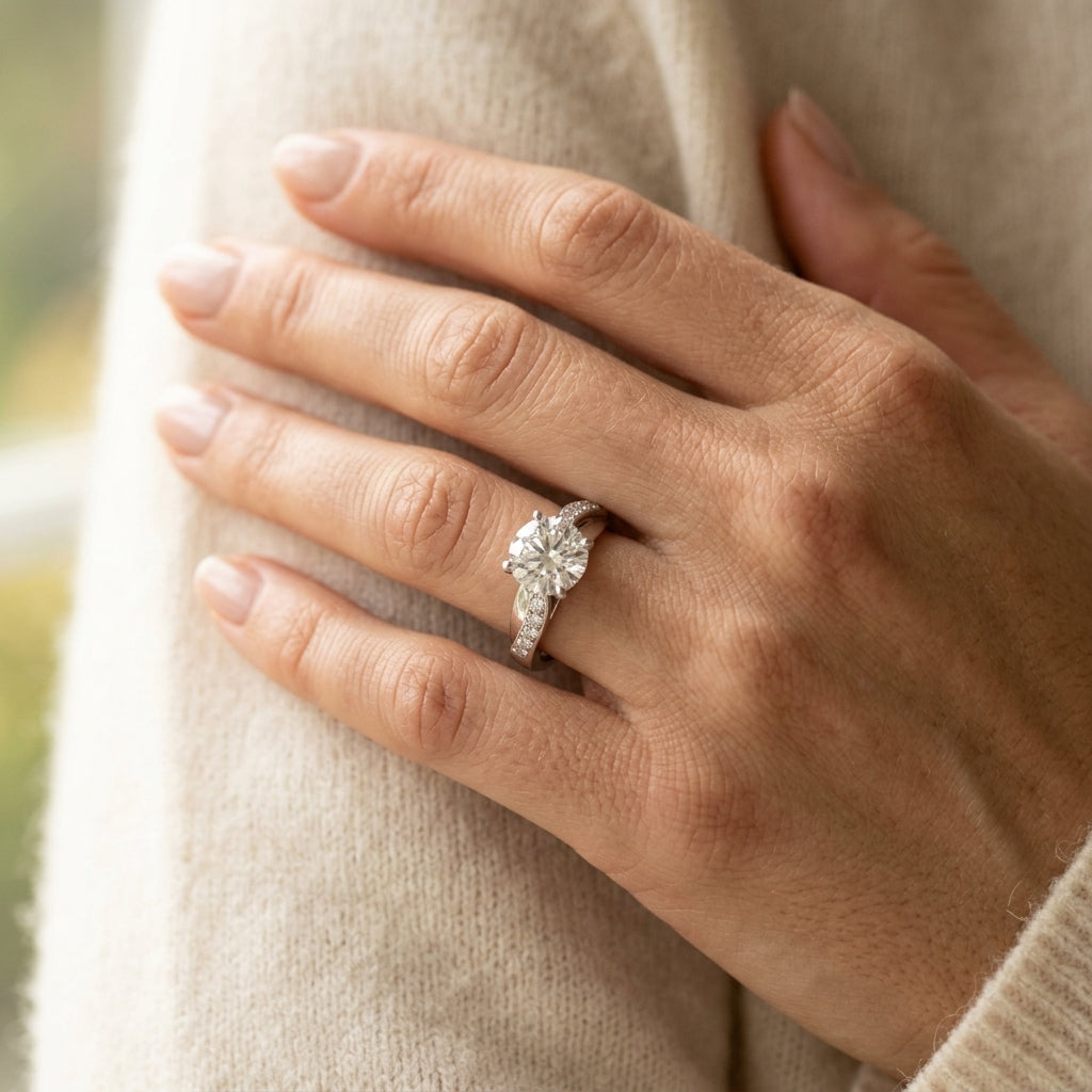 Bypass Peg Head Engagement Ring - worn lifestyle photo