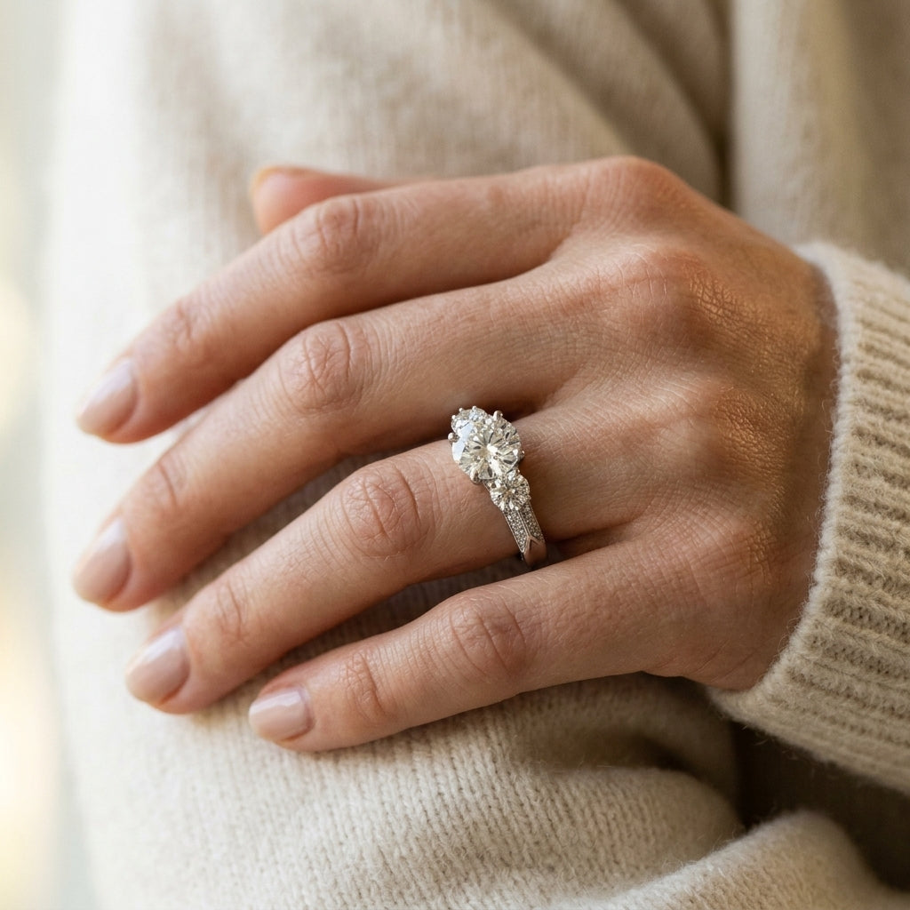 Round Lab Grown Diamond Engagement Ring - Style 84895 - worn lifestyle photo