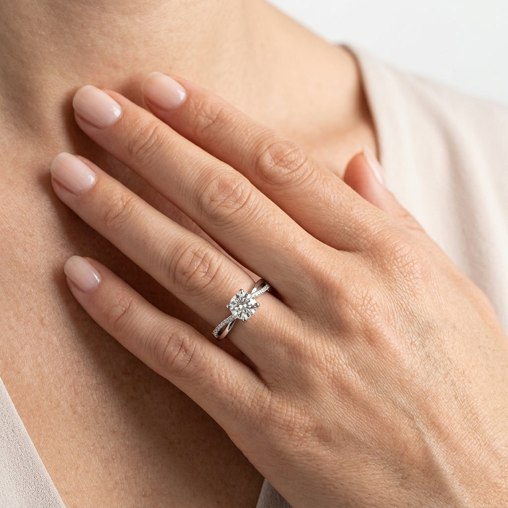 Round Lab Grown Diamond Engagement Ring - Style 84888 - worn lifestyle photo