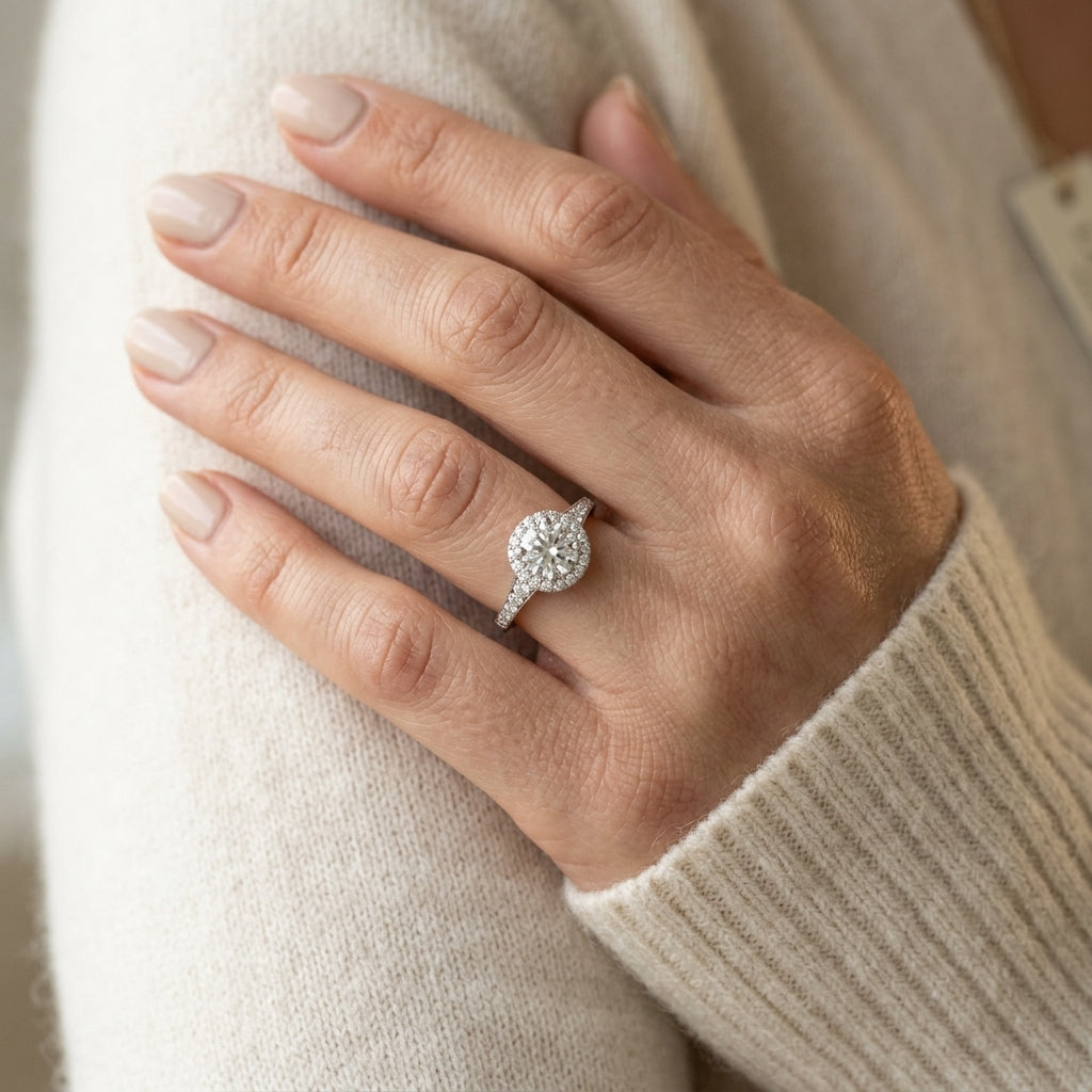 Round Lab Grown Diamond Engagement Ring - Style 51057 - worn lifestyle photo