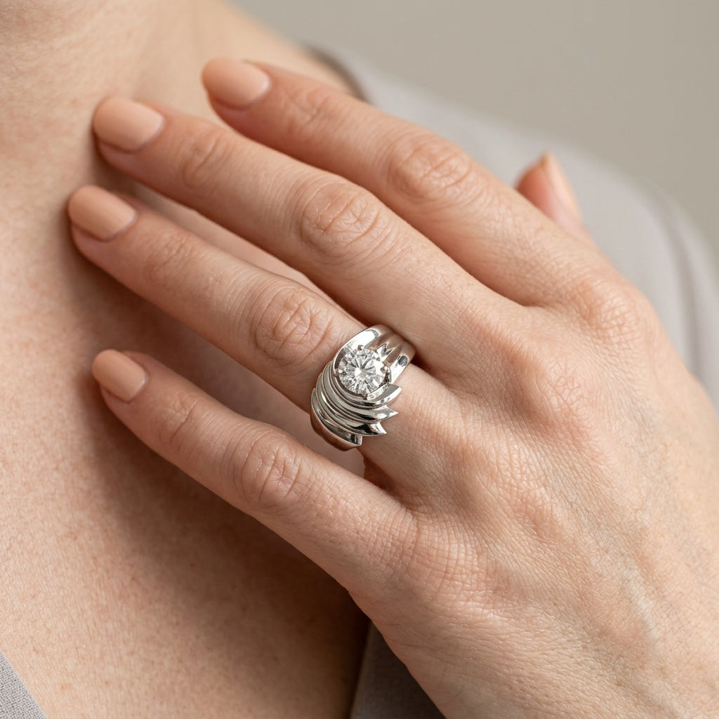 Swirl Solitaire Wide Engagement Ring - worn lifestyle photo