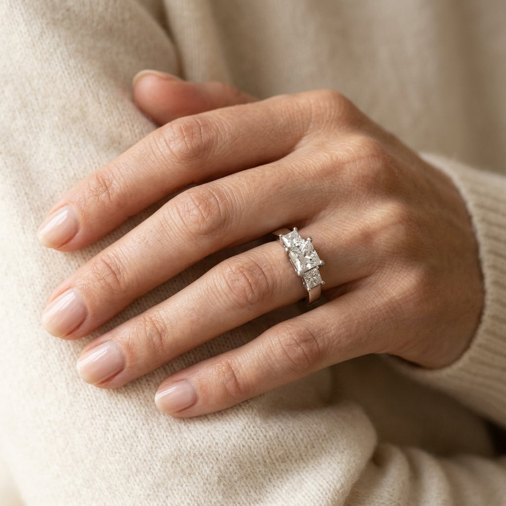 ENGAGEMENT RINGS 3 STONE PRINCESS - worn lifestyle photo